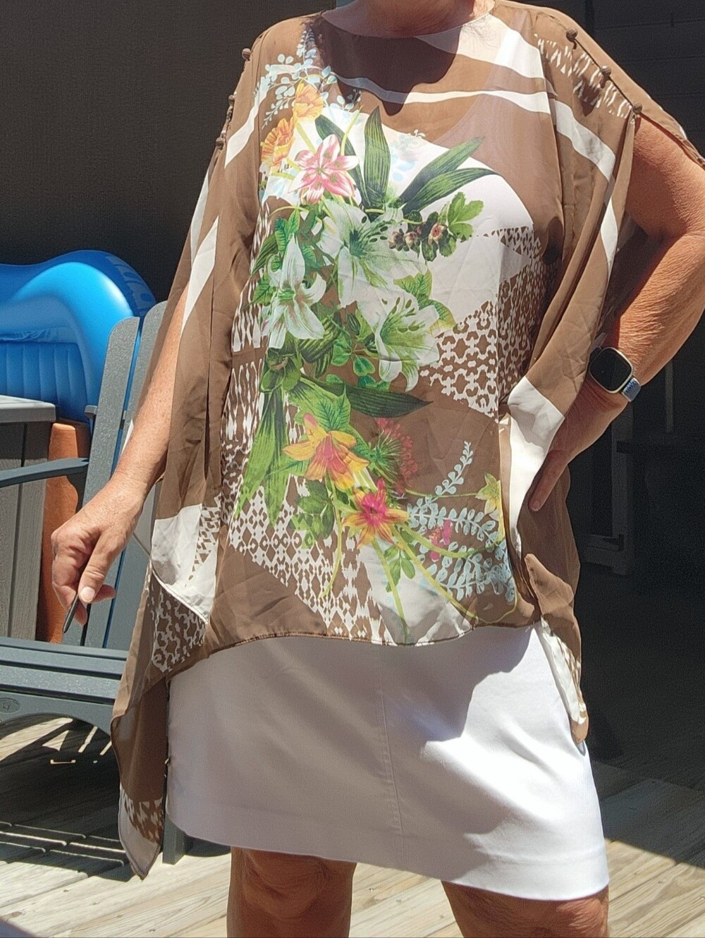Sheer Floral Beach Cover-Up Top in Brown